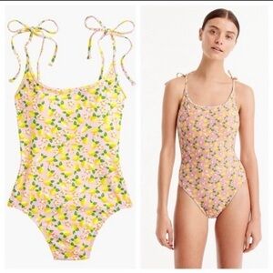 J. Crew Lemon Floral Shoulder Tie One Piece Swimsuit Pink Yellow Green Size 12
